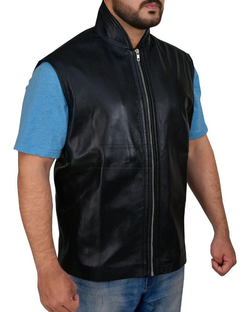 Men Sleek Black Leather Vest - image 3