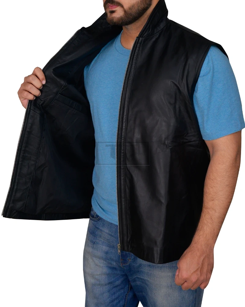 Men Sleek Black Leather Vest - image 4