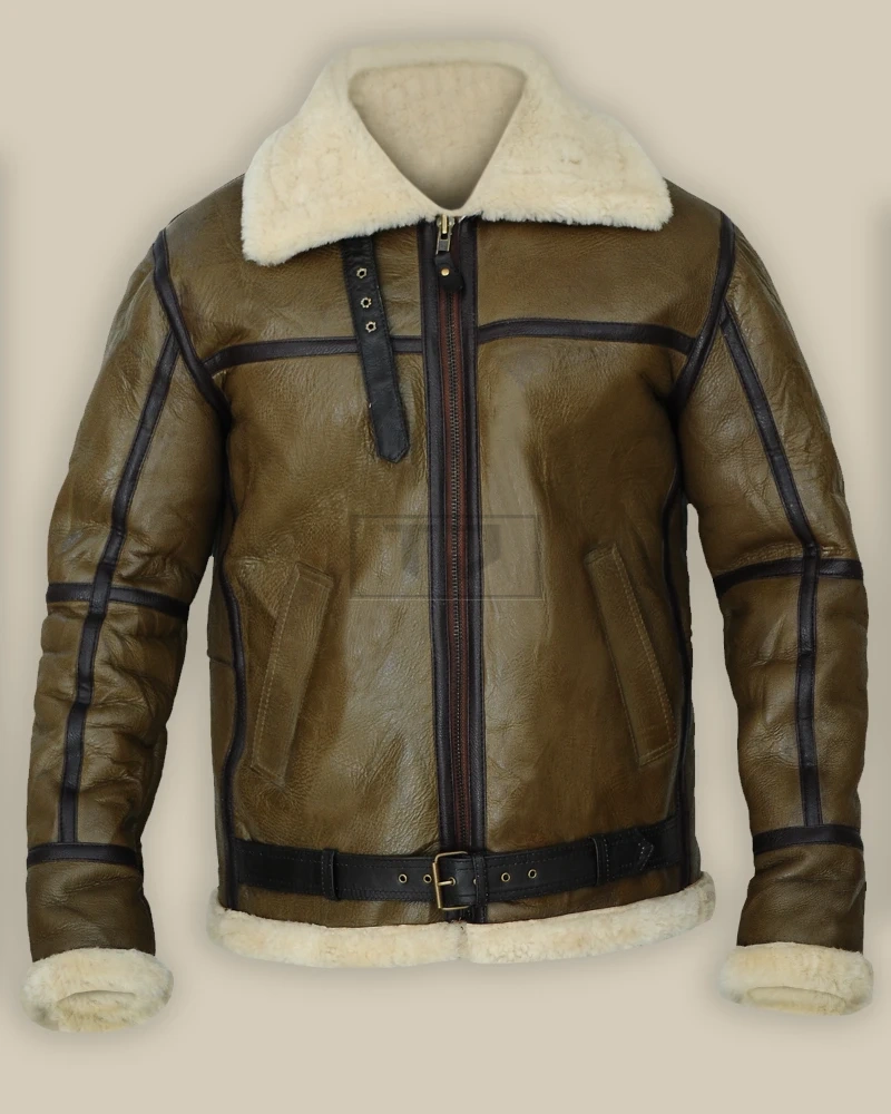 Army Greenish Brown Shearling Leather Jacket - image 1