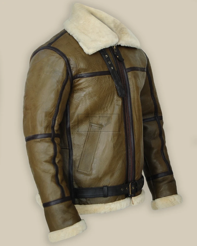 Army Greenish Brown Shearling Leather Jacket - image 3