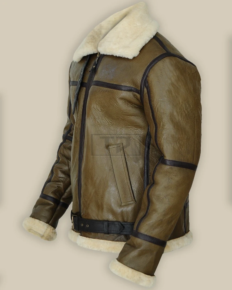 Army Greenish Brown Shearling Leather Jacket - image 4