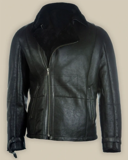Men Pure Black B3 Shearling Jacket - image 1
