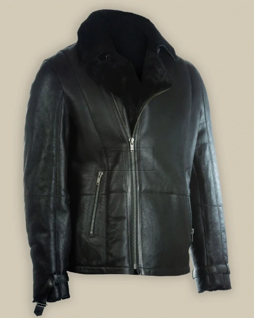 Men Pure Black B3 Shearling Jacket - image 3