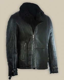 Men Pure Black B3 Shearling Jacket - image 3