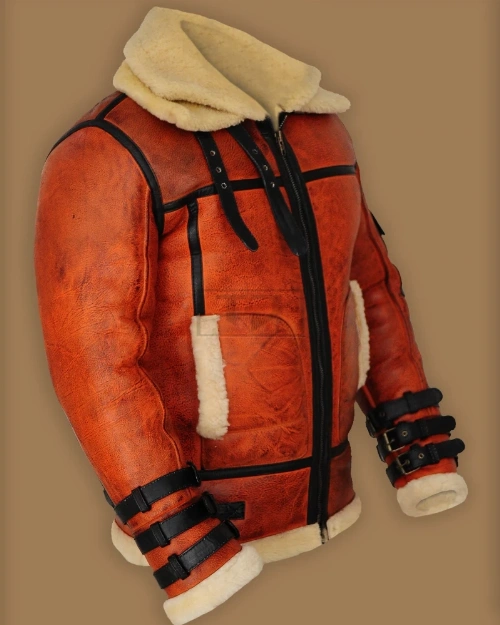 Men Distressed Brown Shearling Jacket - image 3