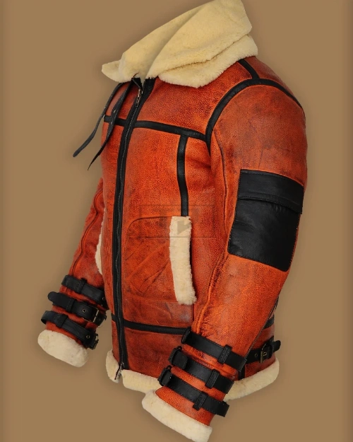 Men Distressed Brown Shearling Jacket - image 4