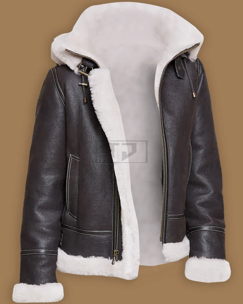 Men Black Shearling Leather Jacket With Hoodie - image 1