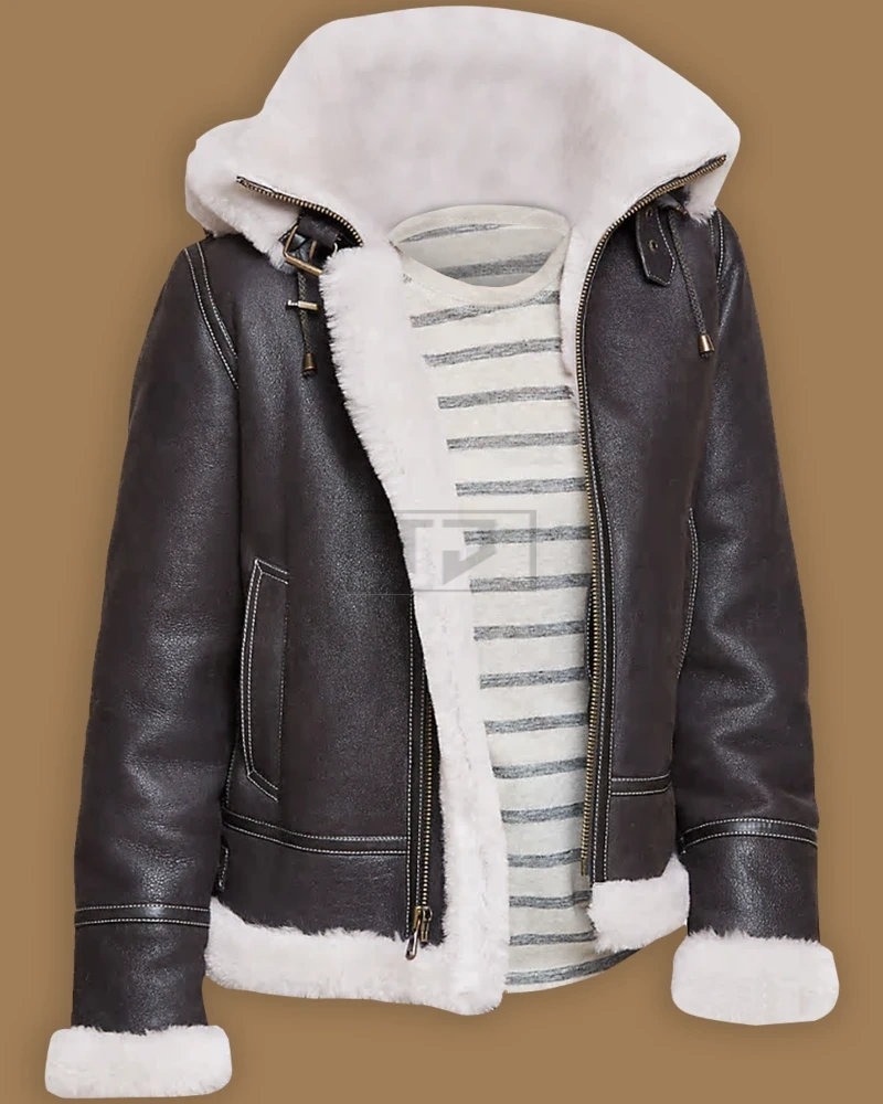 Men Black Shearling Leather Jacket With Hoodie - image 3