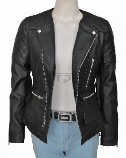 Women Black Biker Quilted Jacket - image 5