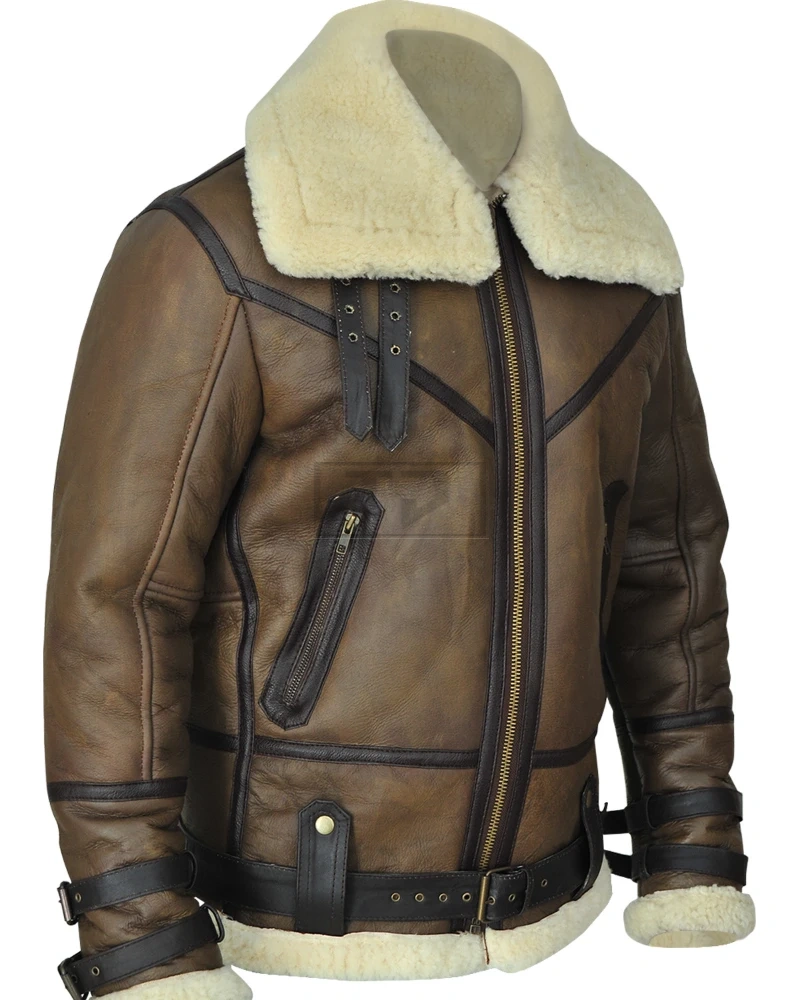 Men Brown B3 Aviator Shearling Jacket - image 3