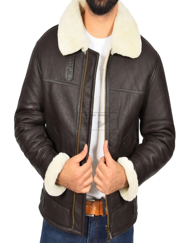 Men Dark Brown Shearling Leather Jacket - image 1