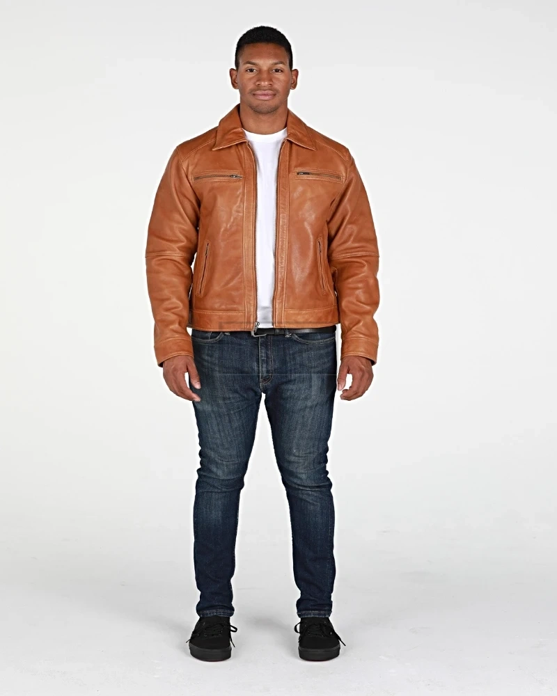 Men Tan Biker Leather Jacket - image 1