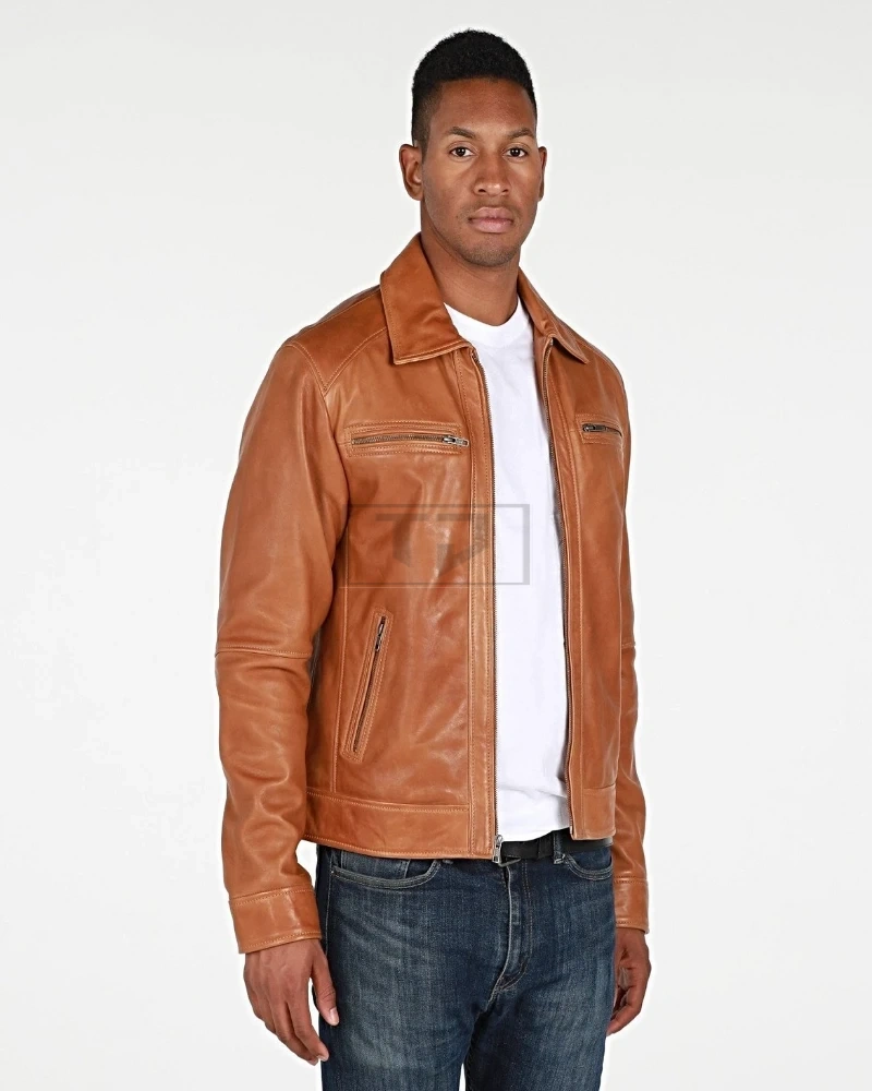 Men Tan Biker Leather Jacket - image 2
