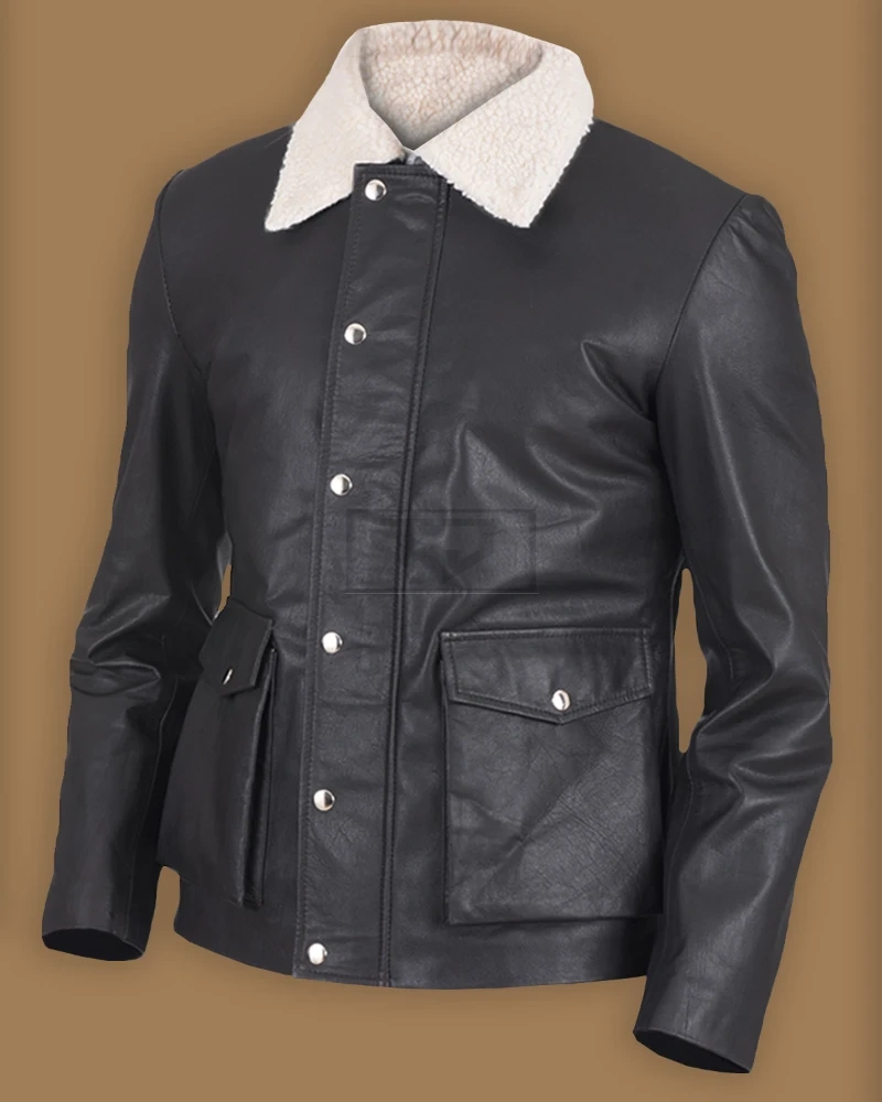 Men Black Button Shearling Leather Jacket - image 1
