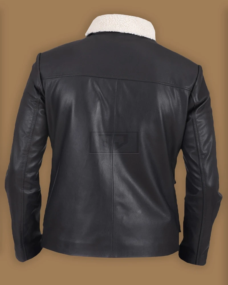 Men Black Button Shearling Leather Jacket - image 2