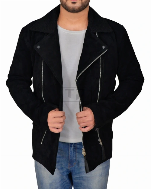 Men Black Suede Biker Jacket - image 1
