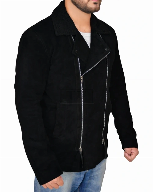 Men Black Suede Biker Jacket - image 3