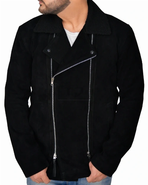 Men Black Suede Biker Jacket - image 5