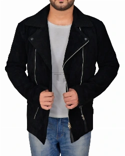 Men Black Suede Biker Jacket - image 1