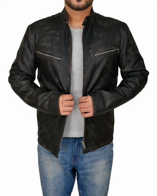 Men Distressed Black Cafe Racer Jacket - image 1