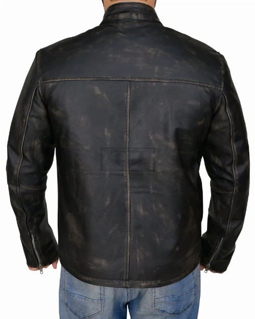 Men Distressed Black Cafe Racer Jacket - image 2