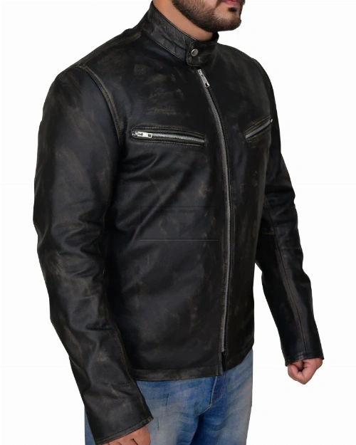 Men Distressed Black Cafe Racer Jacket - image 3