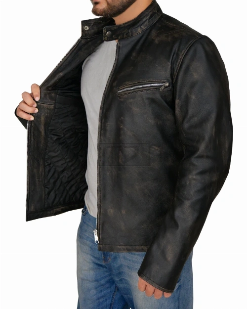 Men Distressed Black Cafe Racer Jacket - image 4