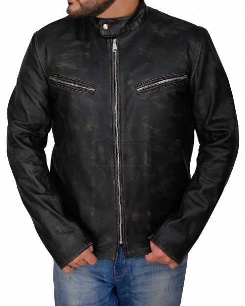 Men Distressed Black Cafe Racer Jacket - image 5