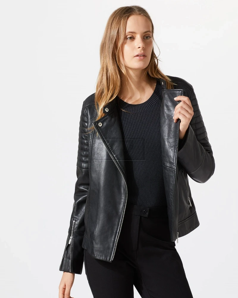 Women Coal Black Leather Jacket - image 3