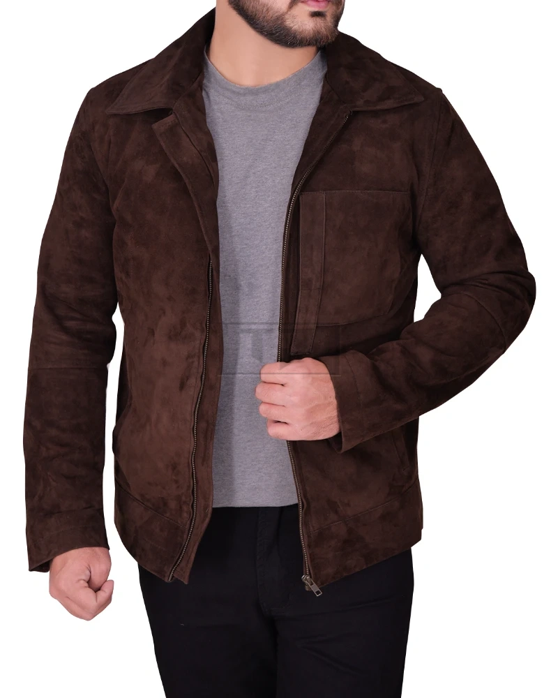 Men Dark Brown Suede Leather Jacket - image 1