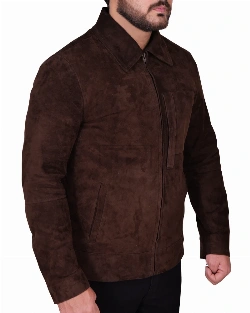 Men Dark Brown Suede Leather Jacket - image 3