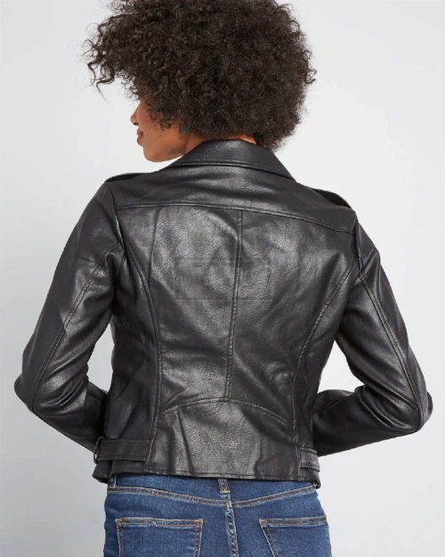 Women Glossy Black Leather Jacket - image 2