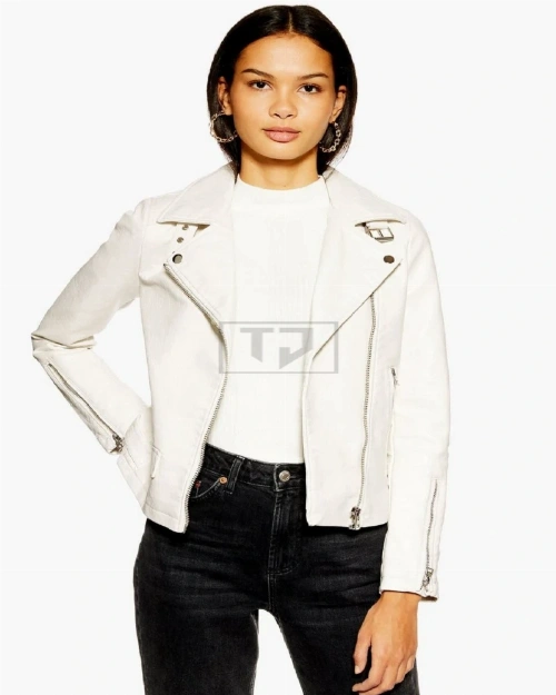 Women White Motorcycle Leather Jacket - image 3