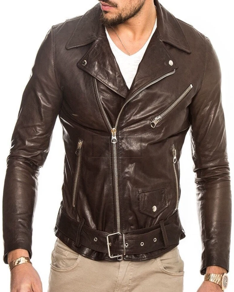 Men Pecan Brown Biker Leather Jacket - image 3