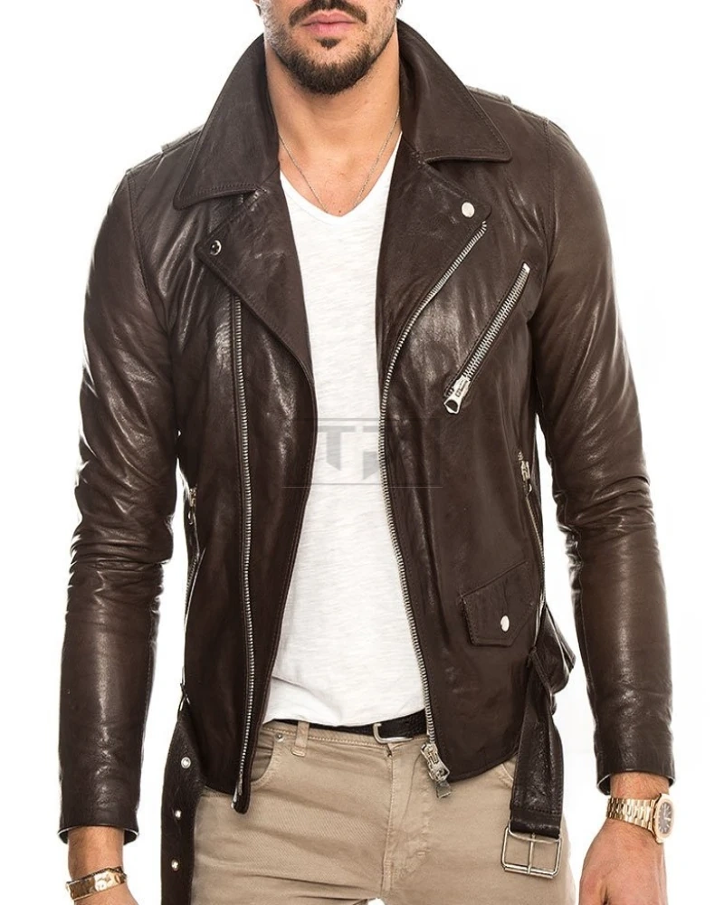 Men Pecan Brown Biker Leather Jacket - image 4