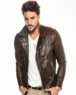 Men Pecan Brown Biker Leather Jacket - image 1