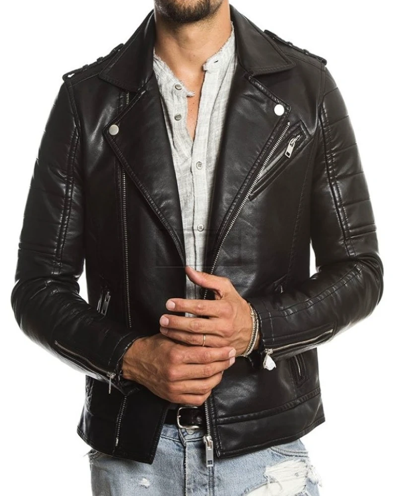 Men Raven Black Biker Leather Jacket - image 1