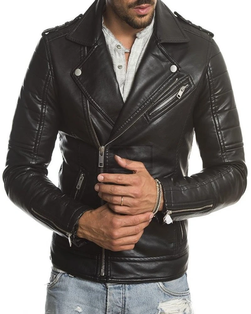 Men Raven Black Biker Leather Jacket - image 3
