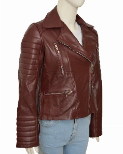 Women Maroon Leather Jacket - image 3