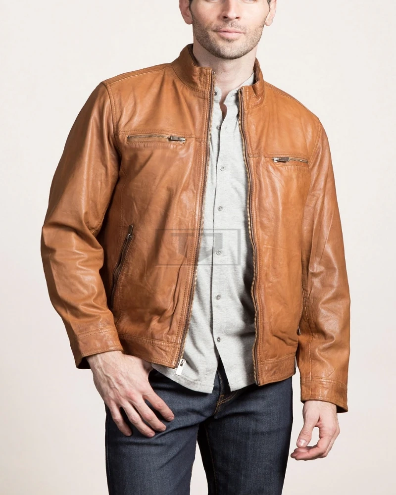 Classic Men Tan Leather Jacket - image 1
