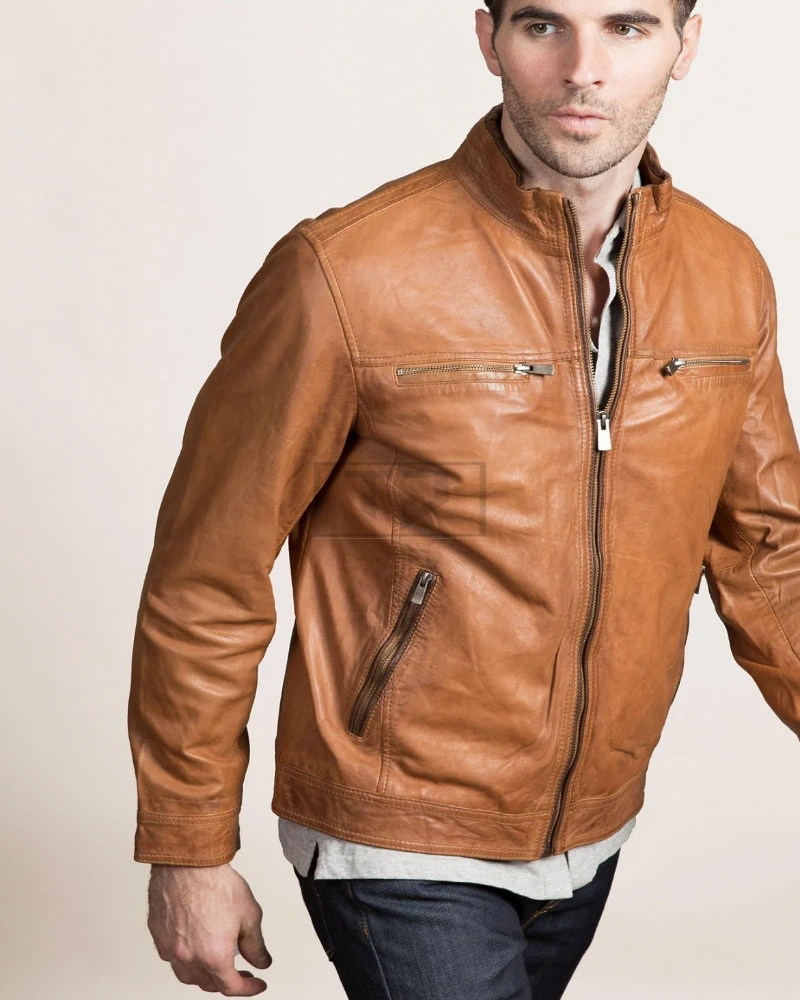 Classic Men Tan Leather Jacket - image 3