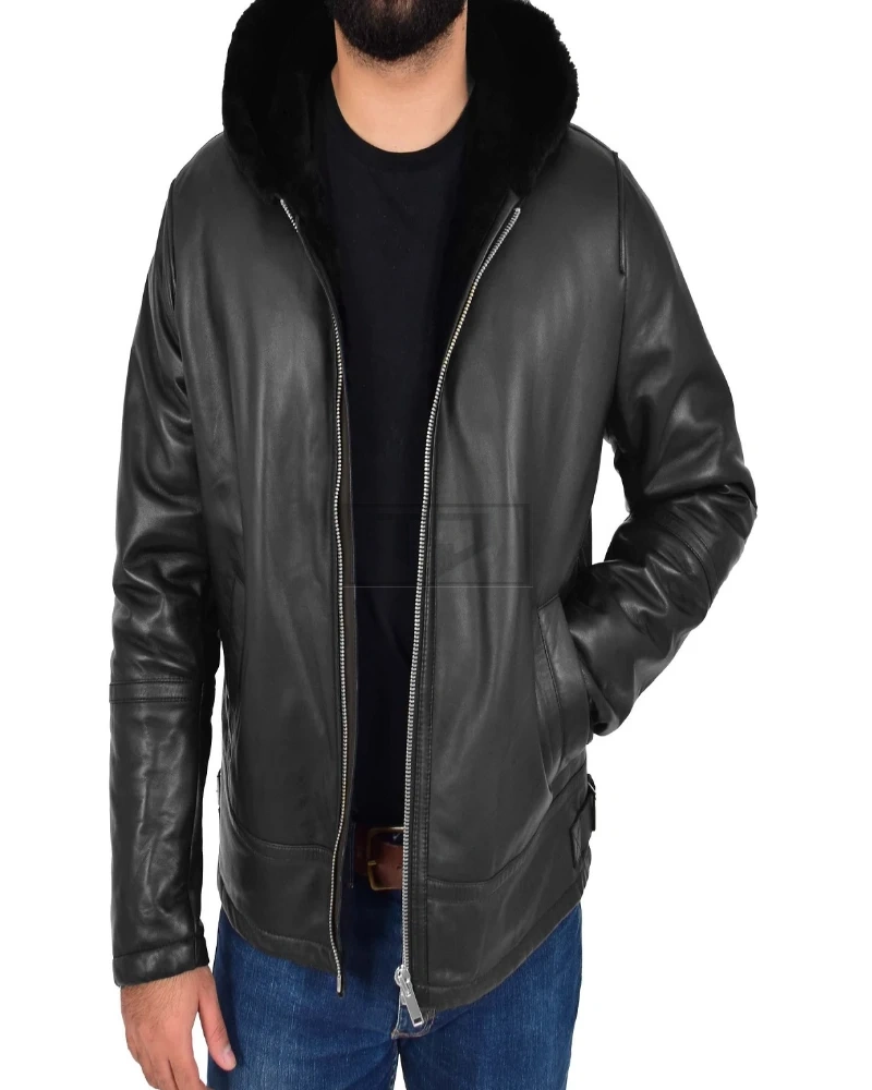 Men Black Leather Jacket With Fur Hoodie - image 1