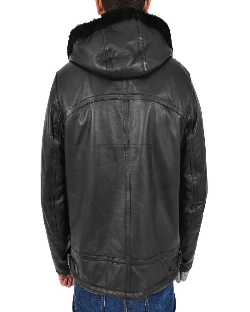Men Black Leather Jacket With Fur Hoodie - image 2