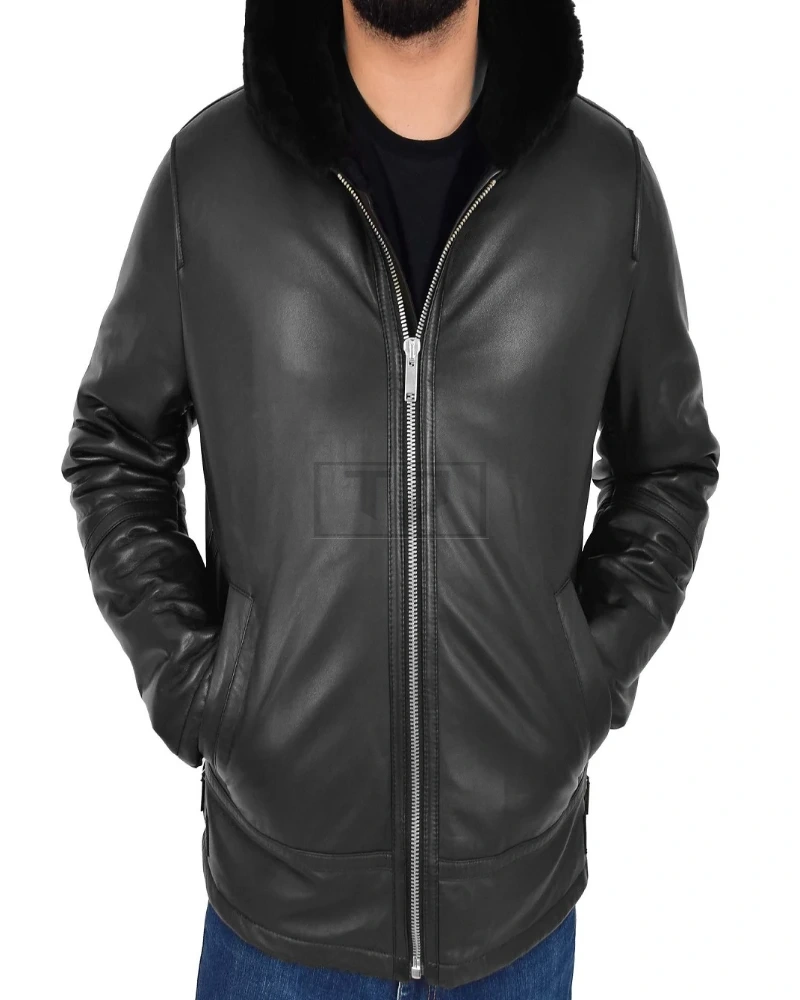 Men Black Leather Jacket With Fur Hoodie - image 3