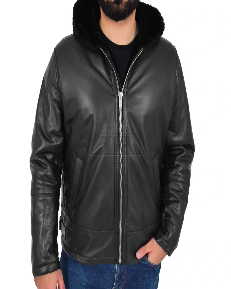 Men Black Leather Jacket With Fur Hoodie - image 4