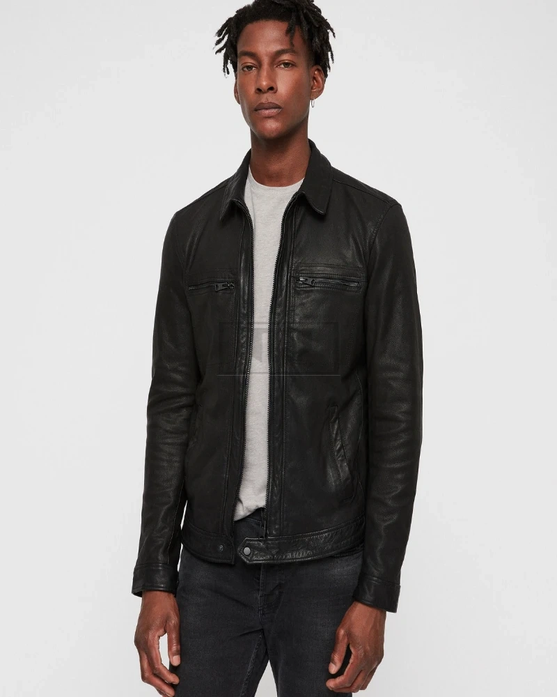 Men Black Causal Leather Jacket - image 1