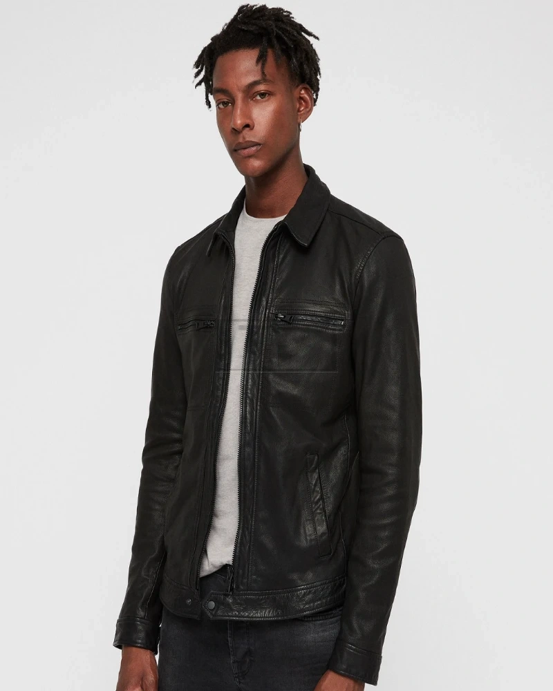 Men Black Causal Leather Jacket - image 3