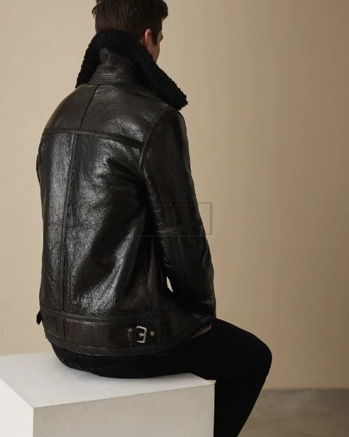 Men Black Shearling Bomber Leather Jacket - image 2