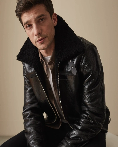 Men Black Shearling Bomber Leather Jacket - image 3