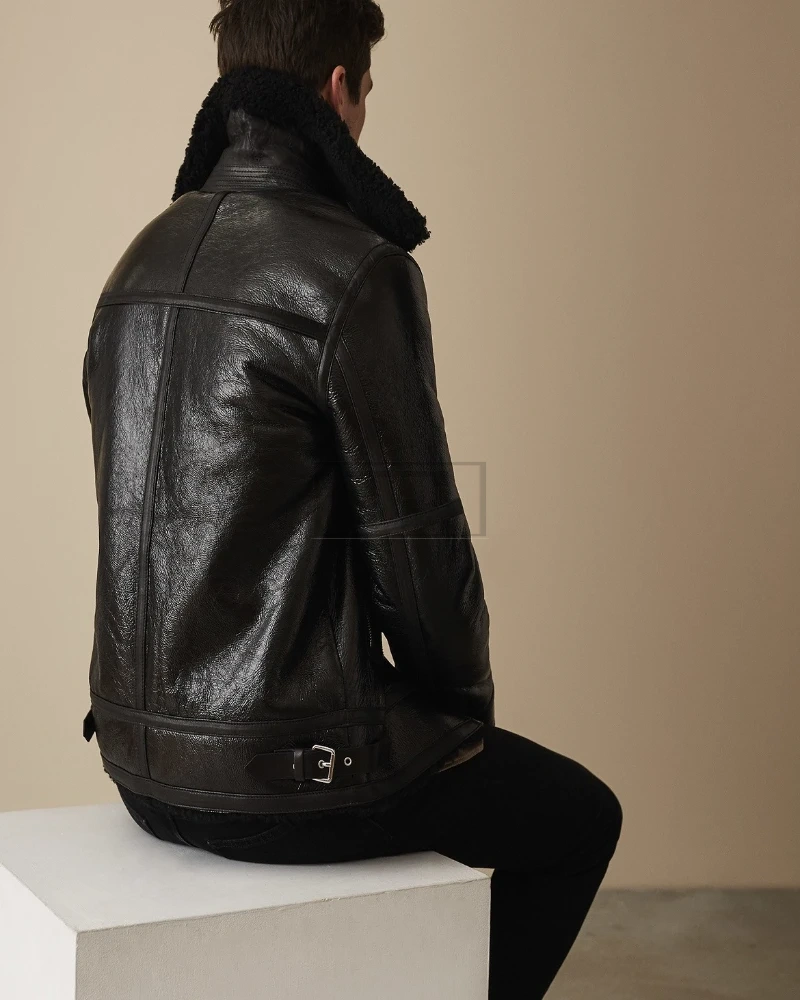 Men Black Shearling Bomber Leather Jacket - image 2